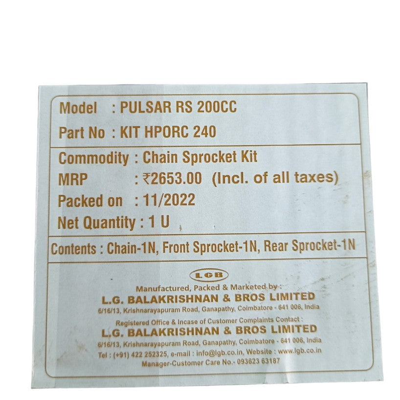 Brass Chain and Sprocket kit for PULSAR 200 RS KIT HPORC 240